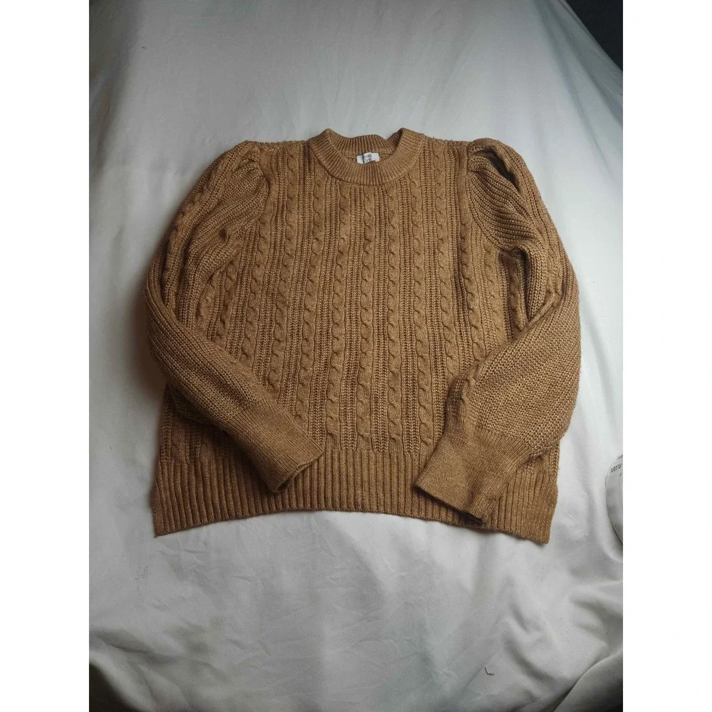 Crown & Ivy Womens XXL Brown Cable Knit Puff Sleeve Crew Neck Sweater Pullover
